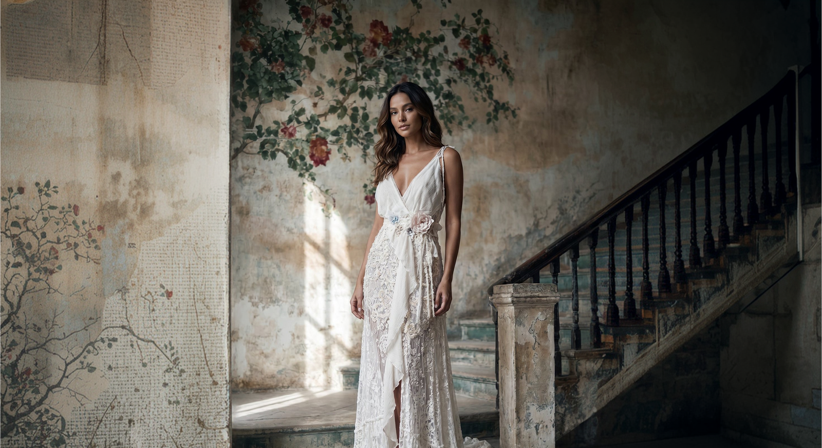 Noiva em vestido de renda diante de parede com mural floral